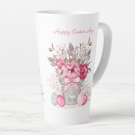 ピンク春の花パーソナライズされた復活祭 カフェラテマグ (右アングル)