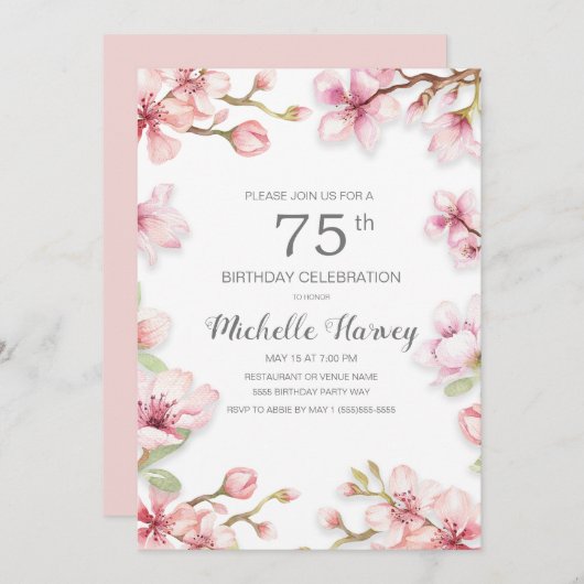 ピンク春ガーデンフローラ75thバースデーパーティー 招待状 (正面/裏面)