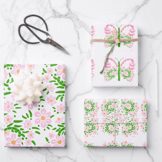 ピンク春バタフライラッピング紙 ラッピングペーパーシート (正面)