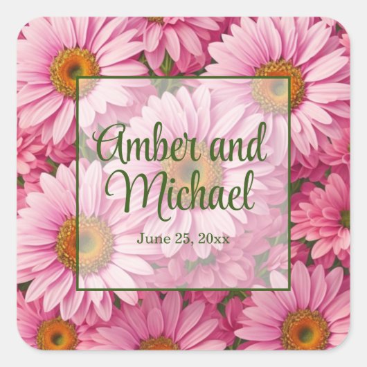 ピンク春フローラピンクデイジーレトロピンク花 スクエアシール (正面)
