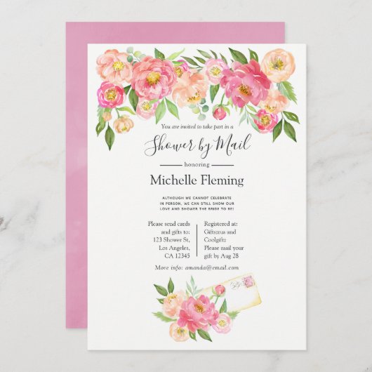 ピンク春フローラブライダルまたはベビーシャワー(郵便) 招待状 (正面/裏面)
