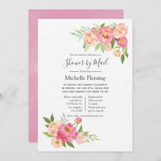 ピンク春フローラベビーまたはブライダルシャワーバイメール 招待状 (正面/裏面)