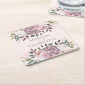 ピンク春フローラ結婚ブーケ スクエアペーパーコースター (アングル)