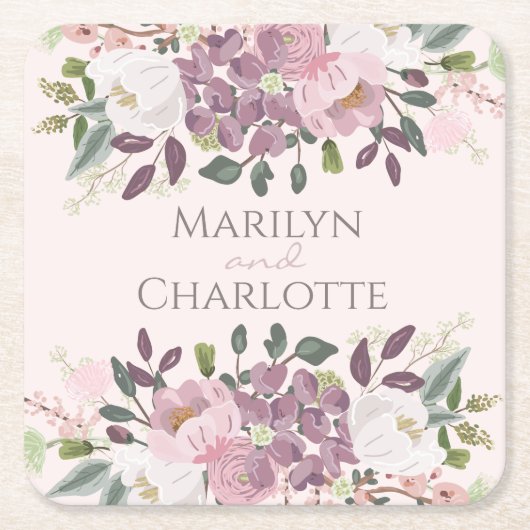 ピンク春フローラ結婚ブーケ スクエアペーパーコースター (正面)