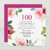 ピンク春フローラ100th誕生日パーティーへの招待 招待状 (正面/裏面)