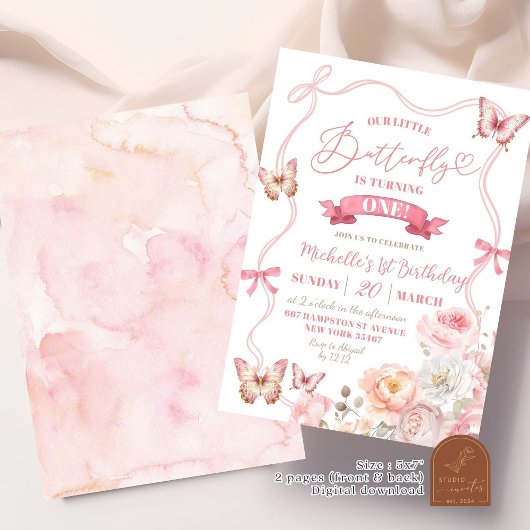 ピンク春ブロッサムフローラバタフライ誕生日 招待状