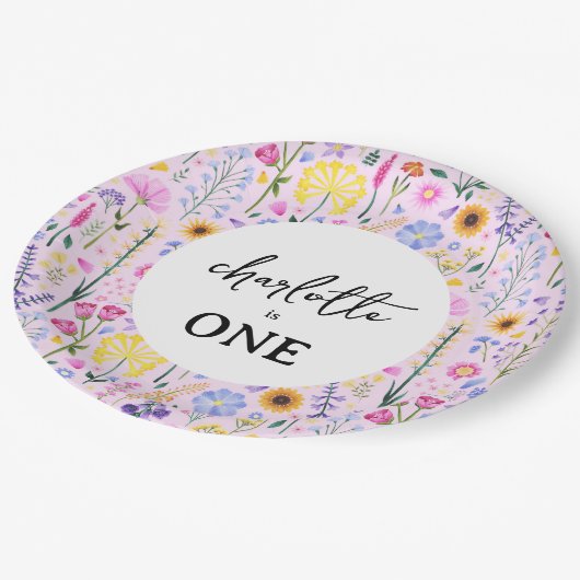 ピンク春ワイルドフラワーガールズファースト誕生日 ペーパープレート (アングル)