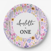 ピンク春ワイルドフラワーガールズファースト誕生日 ペーパープレート (正面)