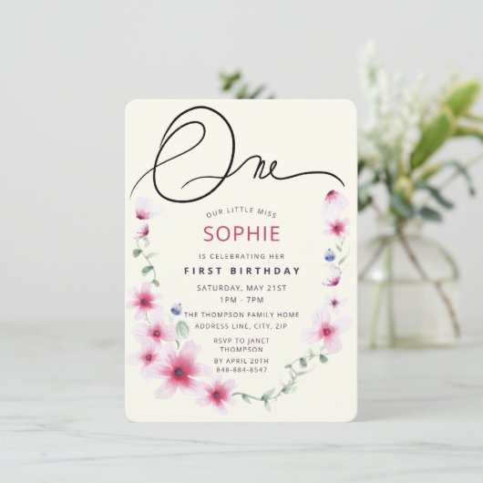 ピンク春ワイルドフラワーズリース私たちの恋しく思小さな1 招待状