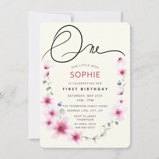 ピンク春ワイルドフラワーズリース私たちの恋しく思小さな1 招待状 (正面)