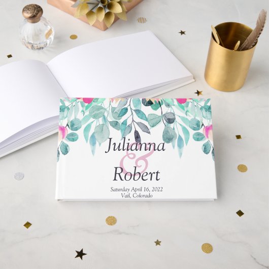 ピンク春水彩フローラ結婚のゲストブック ゲストブック (正面見開き)