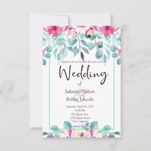 ピンク春水彩フローラ結婚式招待状 招待状 (正面)