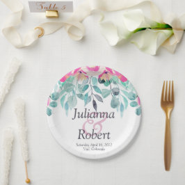 ピンク春水色フローラ結婚の紙プレート ペーパープレート
