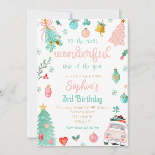 ピンク最も素晴らしい時間の誕生日 招待状 (正面)