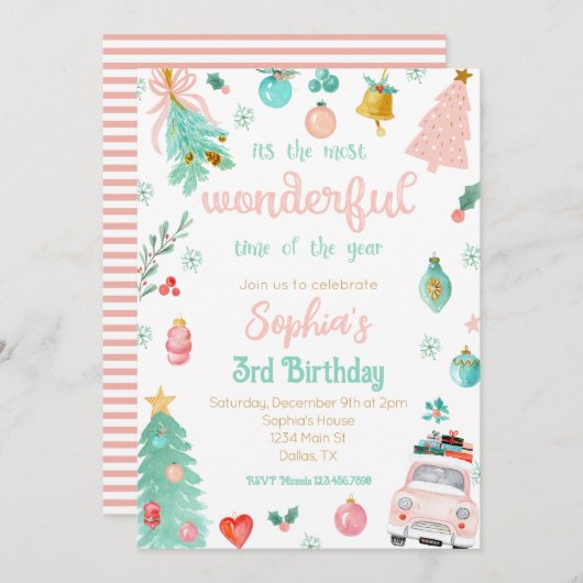 ピンク最も素晴らしい時間の誕生日 招待状 (正面/裏面)