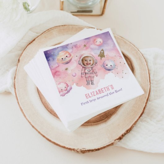 ピンク最初の旅のまわりに日宇宙女の子の誕生日 スタンダードカクテルナプキン