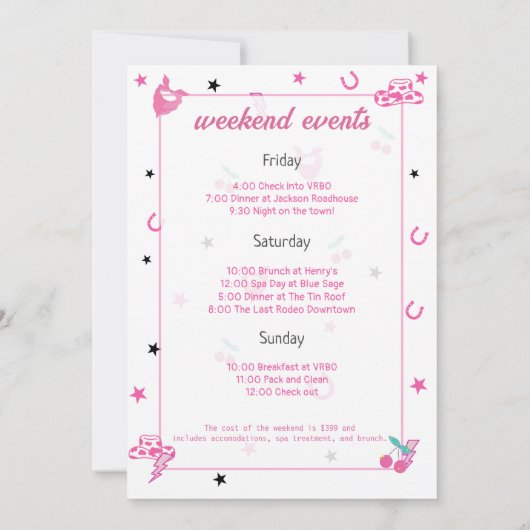 ピンク最後のディスコバチェロレッテ週末の日程 招待状 (裏面)