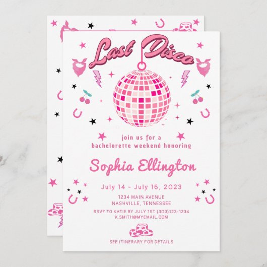 ピンク最後のディスコバチェロレッテ週末の日程 招待状 (正面/裏面)