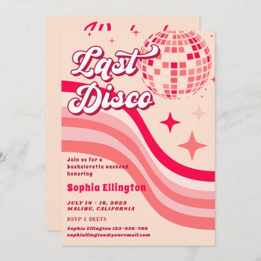 ピンク最後のディスコ70のレトロバチェロレッテ週末 招待状 (正面/裏面)