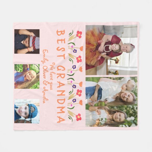 ピンク最高のおばあちゃん花フォトコラージュ フリースブランケット (正面(横))