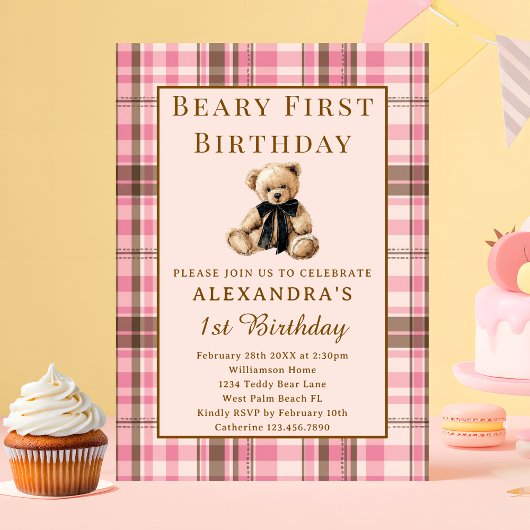 ピンク格子柄ヴィンテージ風ベアリー・ファースト・ガール1歳の誕生日 招待状