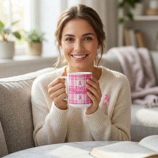 ピンク格子柄乳がん啓発リボン コーヒーマグカップ