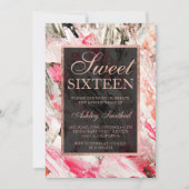 ピンク桃バラ金ゴールドブラシストロークアクリル甘16 招待状 (正面)