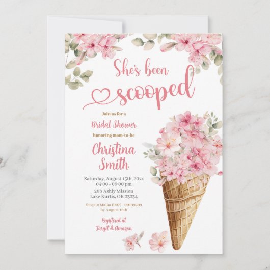 ピンク桜さくらんぼブロッサムアイスクリームブライダルシャワー 招待状 (正面)