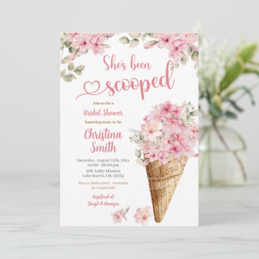 ピンク桜さくらんぼブロッサムアイスクリームブライダルシャワー 招待状 (スタンド正面)