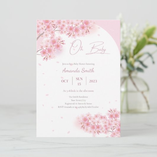 ピンク桜さくらんぼブロッサムガールベビーシャワー 招待状 (スタンド正面)
