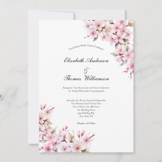 ピンク桜さくらんぼブロッサムフローラエレガントな結婚式 招待状 (正面)