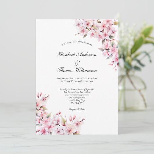 ピンク桜さくらんぼブロッサムフローラエレガントな結婚式 招待状