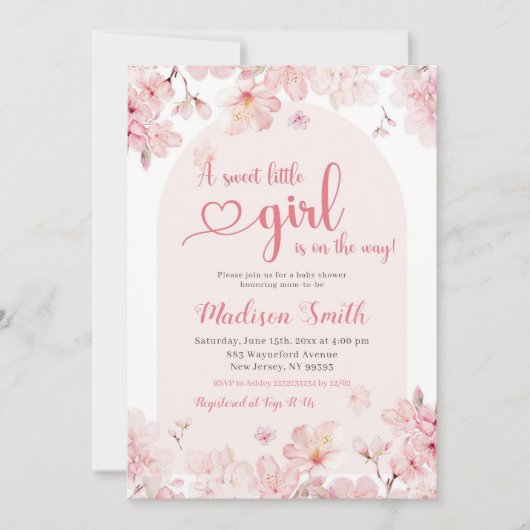ピンク桜さくらんぼブロッサム春ベビーシャワー 招待状 (正面)