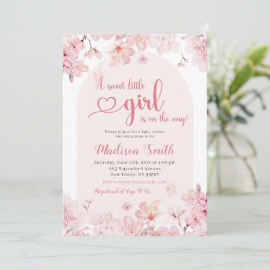 ピンク桜さくらんぼブロッサム春ベビーシャワー 招待状 (スタンド正面)