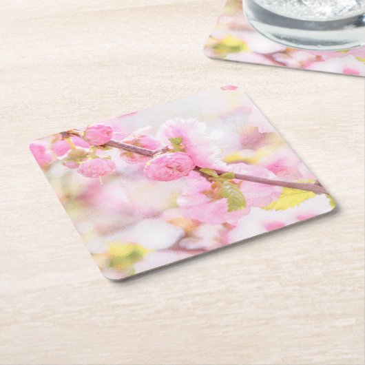 ピンク桜の花 – 日本のさくらんぼの花 スクエアペーパーコースター (アングル)
