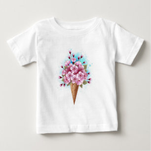ピンク桜アイスクリームワッフルコーン ベビーTシャツ
