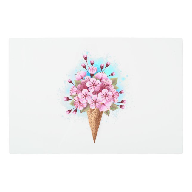 ピンク桜アイスクリームワッフルコーン メタルプリント (正面)