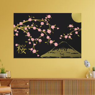 ピンク桜ゴールドブラック和風スクリーンポスター キャンバスプリント