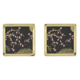 ピンク桜ゴールドブラック日本屏風 ゴールド カフスボタン