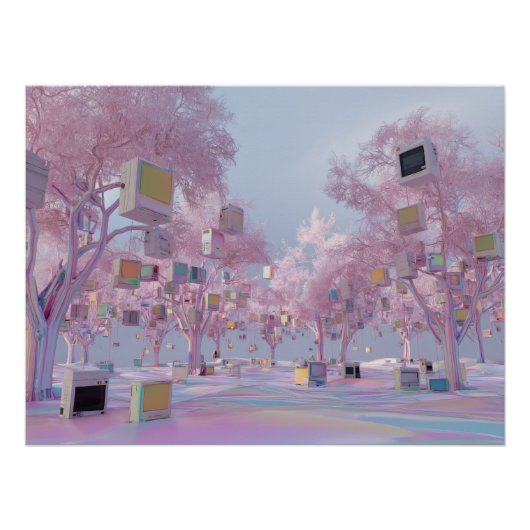 ピンク桜パークのグリッチ風景と浮遊ウィンドウ ポスター (正面)