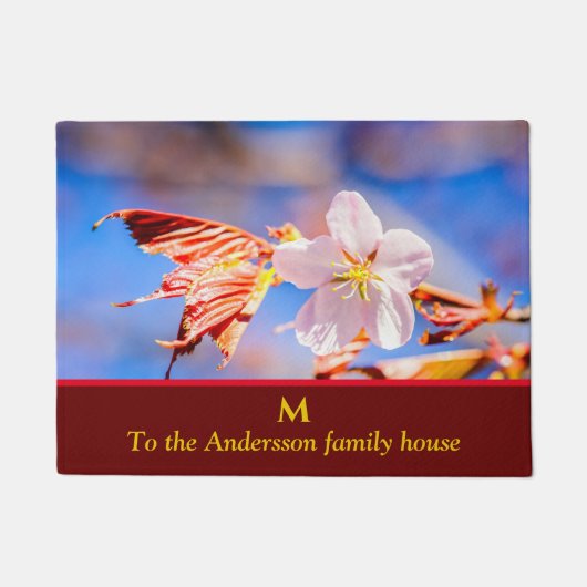 ピンク桜フラワーブルースカイ ドアマット (正面)