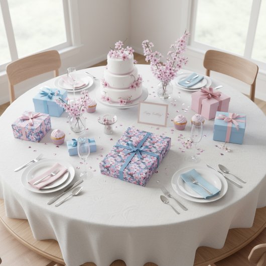 ピンク桜花植物模様 ラッピングペーパー