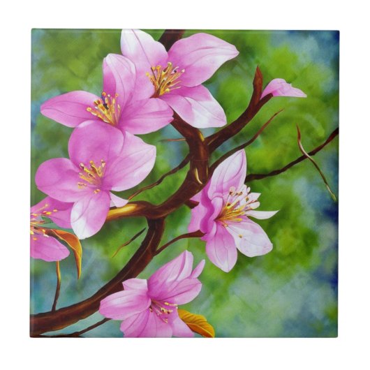 ピンク桜花装飾フローラ陶磁器タイル タイル (正面)