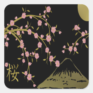 ピンク桜金ゴールド黒日本の画面 スクエアシール