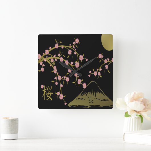 ピンク桜金ゴールド黒日本の画面 スクエア壁時計 (ホーム)