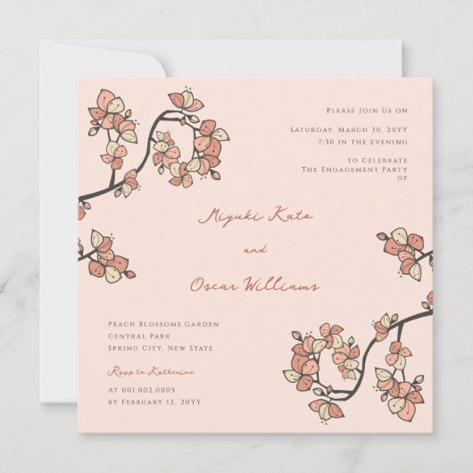 ピンク梅/桃の花エレガント婚約パーティ 招待状 (正面)