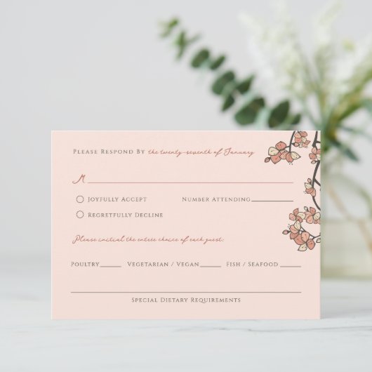 ピンク梅/桃エレガントフローラ結婚 出欠カード (スタンド正面)