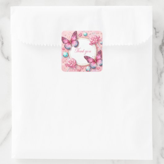 ピンク棒つきキャンデーキャンディバタフライ – ありがとう –  スクエアシール (バッグ)