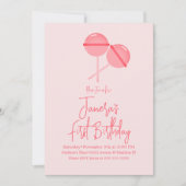 ピンク棒つきキャンデーキャンディバーファースト誕生日招待状 招待状 (正面)