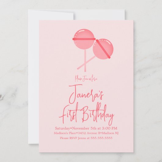 ピンク棒つきキャンデーキャンディバーファースト誕生日招待状 招待状 (正面)